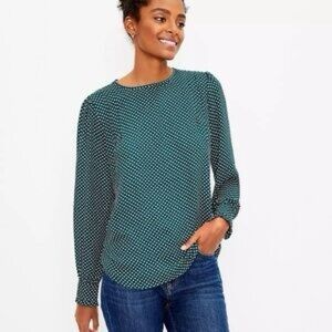 Loft Green Polka Dot Long Sleeve Women's Top Blouse Size LP nwt